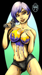 1girls artist_name black_clothing black_panties black_underwear bodypaint breasts colored_eyebrows colored_hair eyelashes female female_only front_view happy holding_object looking_at_viewer mandalorian marker77 medium_breasts nipples orange_eyes paint panties sabine_wren short_hair simple_background smile solo spray_can standing star_wars star_wars_rebels topless underwear violet_eyebrows violet_hair