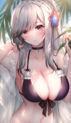 1girls absurd_res azur_lane beach big_breasts blue_sky blurry_background blush blushing blushing_at_viewer bra butterfly_hair_ornament choker cleavage dunkerque_(azur_lane) female female_focus female_only flower_in_hair hair_ornament headband highres jewelry long_hair looking_at_viewer navel oyuwari red_eyes solo solo_female solo_focus swimsuit tree wet white_hair yuwari_ume