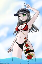 1girls beach belly_piercing bikini cap chigusa_(fortnite) daikiri_di_mon fortnite gray_hair green_eyes hat looking_at_viewer piercing sunglasses tattoo