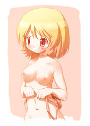 arinu blonde_hair bra dressing embarrassed female medium_breasts minoriko_aki red_eyes smile solo touhou