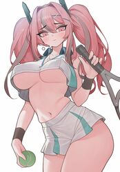 azur_lane bare_shoulders big_breasts bremerton_(azur_lane) bremerton_(scorching-hot_training)_(azur_lane) choker cleavage crop_top midriff navel pink_eyes pink_hair rabbit_(wlsdnjs950) red_bra simple_background smile sunglasses_on_head thin_waist tongue_out twintails two_tone_hair underboob wide_hips