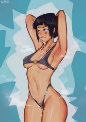 armpit_stubble armpits arms_up athletic athletic_female bangs bikini black_hair blush breasts embarrassed female female_focus female_only imsofckinlost kyoka_jiro my_hero_academia navel pose posing pubic_stubble short_hair sideboob skimpy_bikini solo tagme underboob