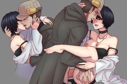 1boy 1girls ass ass_grab atlus big_breasts big_penis black_hair blush breast_grab breasts choker clothed clothed_sex clothing feet female hat iwai_munehisa kissing litoldebil male megami_tensei penis persona persona_5 sex short_hair straight tae_takemi vaginal_penetration