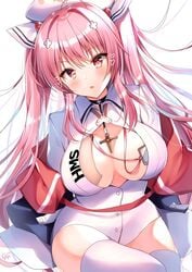 azur_lane big_breasts blunt_bangs blush boob_window bowtie breasts cleavage covered_nipples free_space gloves hair_ornament light-skinned_female long_hair looking_away looking_pleasured name_tag no_pants nurse nurse_cap nurse_uniform perseus_(azur_lane) pink_hair red_eyes seductive sex_toy thick_thighs thighhighs tongue_out twintails vibrator wet_pussy