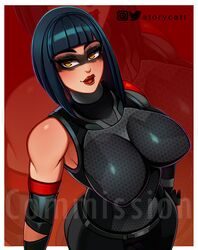 amber_eyes armor bangs bedroom_eyes black_hair breasts eyeshadow facepaint fortnite long_eyelashes looking_at_viewer red_lipstick shadow_ops smile storycatt tagme