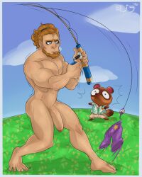 1boy animal_crossing balls beard blonde blonde_beard blonde_eyebrows blonde_hair blonde_hair_male blue_eyes blue_eyes_male blue_sky cloud clouds fishing_hook fishing_pole fishing_rod gijinka grass gruff_(animal_crossing) khaki_shorts khakis large_penis male male_focus male_only muscular muscular_male nintendo no_pubic_hair nude nude_male penis rod source_request tom_nook year_request yozorac1