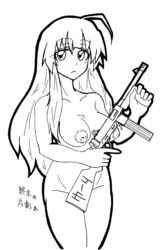 breasts firearm girls'_last_tour gun hidemaru_kyu inverted_nipples long_hair monochrome naked nipples nude paintchat shoujo_shuumatsu_ryokou submachine_gun yuuri_(shoujo_shuumatsu_ryokou)