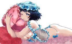 1girls 2d ass bedroom_eyes black_hair blue_eyes blush bow breasts crossed_arms female frilled_panties frills g-string hat hat_bow hat_ribbon holding_object light_skin lying lying_down on_stomach one_eye_closed panties pillow shiina_mayuri smile solo solo_female solo_focus steins;gate white_background yuutarou