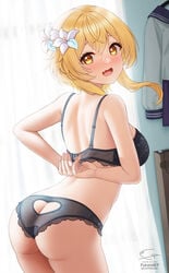 1girls arched_back ass ass_cleavage ass_cutout ass_focus black_bra black_panties blonde_hair blush bra breasts butt_crack dat_ass embarrassed female female_only fukuro_ko_(greentea) genshin_impact looking_at_viewer lumine_(genshin_impact) oerba_yun_fang panties school_uniform smile underwear yellow_eyes