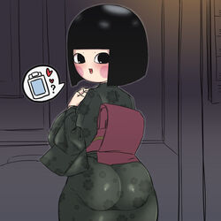 1girls ass ass_in_dress big_ass black_hair blush bubble_butt doll doll_joints dress inviting_to_sex karakuri_mechanism kaxiota kimono looking_at_viewer looking_back original short_hair smile