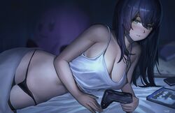 1girls black_hair blush cleavage controller female female_focus female_only green_eyes indoors looking_at_viewer lying_on_side original panties plushie reido_(reido_c) tank_top
