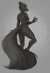 anthro aw_natsu black_body black_fur black_nose breasts canid canine claws dark_body female fluffy fluffy_tail fox fur grey_background grey_body grey_ears grey_fur hair hi_res looking_at_viewer mammal red_eyes simple_background smile solo watermark whiskers