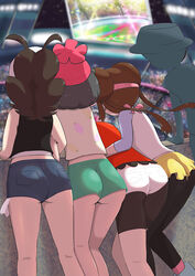 2021 4girls ass back bare_legs baseball_cap beanie bike_shorts black_bottomwear black_hair black_topwear blue_bottomwear bow brown_hair cap clothed clothing crowd denim_shorts double_bun exposed_pocket female flat_ass frilled_skirt frills green_bottomwear hat highres hilda_(pokemon) human kneepits leaning_forward long_hair long_twintails may_(pokemon) may_(pokemon_oras) microsd_(artist) multiple_girls nintendo pale_skin pantyhose pokemon pokemon_bw pokemon_bw2 pokemon_oras pokemon_sm pokemon_ss ponytail public rear_view red_topwear rosa_(pokemon) selene_(pokemon) shirt short_hair short_shorts shorts silhouette skirt sleeveless sleeveless_shirt socks_over_pantyhose stadium standing tied_hair tight_clothing tight_shorts twintails underass very_long_hair visor_cap watching white_bottomwear yellow_bottomwear