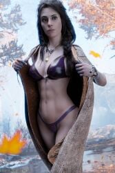 3d abs autumn bikini black_hair blankpins dark_hair female fit_female freya_(god_of_war) fur god_of_war goddess jewelry medium_breasts milf nordic norse_mythology open_shirt orange_leaves outdoors skinny tattooed_arm tattoos toned toned_female vanir_(norse_mythology) witch