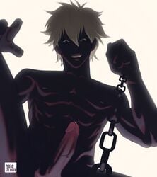 1boy big_penis black_skin chains dominant_male domination haledrum leash leash_pull male male_only my_hero_academia penis precum precum_drip pulling_leash shihai_kuroiro solo solo_male submissive_pov white_hair