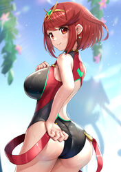 1girls 2021 alternate_costume ass ass_focus back back_view backless_outfit bangs bare_arms bare_legs big_ass big_breasts black_swimsuit blue_sky blush breasts bubble_butt competition_swimsuit earrings female female_focus female_only gonzarez hair_ornament hand_on_hip hi_res highleg_swimsuit huge_ass huge_breasts jewelry looking_at_viewer looking_back looking_over_shoulder nintendo one-piece_swimsuit outdoors pyra reaching_back red_eyes red_hair red_swimsuit short_hair short_red_hair sideboob smile smiling_at_viewer sunlight suspenders suspenders_hanging swept_bangs swimsuit thick_thighs thighs tiara wet wet_body xenoblade_(series) xenoblade_chronicles_2