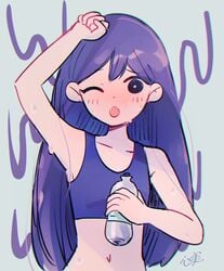 armpits blush k0k0midess kokomidraws mari_(omori) midriff mob_face omori one_eye_closed solo_female sweat swimsuit