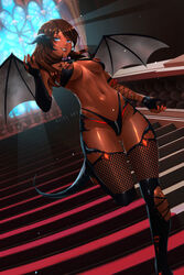 1boy artist_name au_ra bikini black_bikini black_choker black_gloves black_legwear blue_eyes blurry blurry_background breasts bridal_gauntlets brown_hair choker commission dark-skinned_female dark_skin demon_girl demon_wings english_text eyeshadow fantasy female final_fantasy final_fantasy_xiv fingernails fishnet_legwear fishnets gem gloves glowing grin half-closed_eyes heart heart_print highres horns large_breasts light_particles light_rays long_fingernails long_hair makeup navel nipples panties parted_lips partially_fingerless_gloves red_carpet red_nails red_panties shiny shiny_skin slut_collar smile solo_focus stained_glass stairs succubus swimsuit tail thighhighs uliel underwear vampire walking window wings xaela zipper zipper_pull_tab