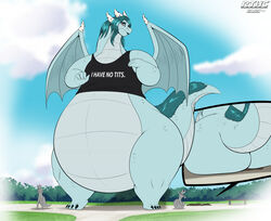 1:1 1girls ambiguous_gender anthro ass belly bench big_ass big_belly big_butt blue_hair butt crush dragon female feral giantess hair hi_res horn huge_ass huge_butt macro membrane_(anatomy) membranous_wings park robthehoopedchipmunk scales scalie shirt size_difference sky thick_thighs wings