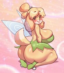 1girls absurd_res animal_crossing animal_crossing_new_leaf animal_ears anthro ass blush breasts butt canid canine canis dog_ears dog_tail fairy_wings female fur furry furry_only hi_res isabelle_(animal_crossing) kneeling large_ass large_breasts looking_at_viewer looking_back nintendo norodoggo partially_clothed rear_view solo tail thick_thighs wide_hips yellow_fur