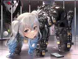 1girls all_fours angry bitchsuit blue_hair bondage bondage_gear bound bronya_zaychik cellphone clenched_teeth commentary_request corset drill_hair eyebrows_visible_through_hair female female_only femsub fully_clothed ginklaga gradient_hair grey_eyes grey_hair honkai_(series) honkai_impact_3rd human_dog latex latex_bodysuit lock long_hair multicolored_hair padlock padlocked_collar phone pussy_juice restrained sex_toy shiny shiny_clothes skin_tight smartphone solo streaked_hair teeth tight_clothing two-tone_hair vibrator