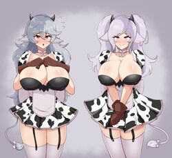 2girls alternate_costume big_breasts breasts codenamedeepthroat corrin_(fire_emblem) corrin_(fire_emblem)_(female) cow_ears cow_girl cow_horns cow_print cow_tail fire_emblem fire_emblem_awakening fire_emblem_fates gloves huge_breasts large_breasts maid maid_uniform multiple_girls nintendo robin_(fire_emblem) robin_(fire_emblem)_(female) skirt twintails year_of_the_ox