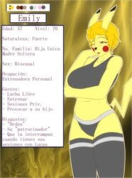 1girls big_breasts blonde_hair ed-nsfw emily_(ed-nsfw) furry furry_breasts furry_ears furry_tail humanoid milf nintendo original_character pikachu pokémon_(species) pokemon short_hair sole_female yellow_eyes yellow_skin