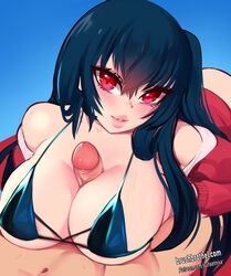 1boy 1girls azur_lane big_lips black_bra black_hair blush bra eyelashes grabbing_own_breast hair_between_eyes light-skinned_female light-skinned_male light_skin paizuri paizuri_lead_by_female patreon_username penis race_queen red_eyes red_jacket sakura_empire_(azur_lane) straight sunset_nivaris sunsetniva taihou_(azur_lane) taihou_(enraptured_companion)_(azur_lane)