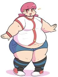 fat fat_fetish game_freak gym_leader midnitemorty morbidly_obese nintendo obese obese_female overweight overweight_female pink_hair plump pokemon pokemon_gsc shoes sneakers white_background whitney_(pokemon)