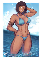 1girls 2020s 2021 abs alpha_female alternate_version_available avatar_legends bedroom_eyes bikini blue_bikini blue_eyes blush bob_cut breasts brown_hair cleavage clothing clouds confident dark-skinned_female dark_skin female female_protagonist fit_female front_view hand_on_hip human iahfy korra medium_breasts muscular muscular_female nickelodeon ocean one_arm_behind_head outdoors seductive shiny_breasts shiny_skin short_hair six_pack smile smooth_skin solo solo_female standing stars swimsuit swimwear tattoo teeth the_avatar the_legend_of_korra thick_thighs tomboy toned toned_female underboob wading water water_tribe watermark