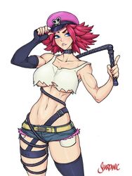 1girls athletic athletic_female biting_lip blue_eyes busty cap capcom choker crop_top female female_focus female_only final_fight hourglass_figure navel nudity pink_hair pinup pinup_pose poison_(final_fight) shardanic solo standing street_fighter street_fighter_v underboob whip wide_hips