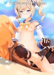 3d :3 aether_(genshin_impact) animated barbara_(genshin_impact) barbara_(summertime_sparkle)_(genshin_impact) beach blonde_hair blue_eyes bouncing_breasts breasts genshin_impact holding_hands looking_at_viewer lukapun nipples nun sex twintails