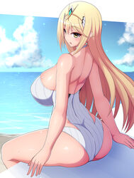 1girls 2021 :o alternate_costume arm_support ass ass_focus back back_view backless_outfit bangs bare_legs beach blonde_hair blue_sky blush choker competition_swimsuit female female_focus female_only gold_eyes hair_ornament hi_res highleg_swimsuit huge_ass light_blush long_hair looking_back looking_over_shoulder mythra nintendo one-piece_swimsuit open_mouth outdoors ponpo sand seductive shiny_skin sideboob sitting solo sweat sweaty_body swept_bangs thick_thighs thighs tiara tight_clothing tight_fit tight_swimsuit water white_border white_choker white_swimsuit xenoblade_(series) xenoblade_chronicles_2