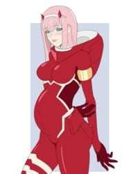 1girls alternate_version_available arms_behind_back ass belly big_belly big_breasts blue_eyes blush breasts clothed clothing commission darling_in_the_franxx early_pregnancy female female_only frozenaardvark horn long_hair looking_at_viewer pink_hair pregnant skin_tight standing tagme the_varking zero_two_(darling_in_the_franxx)