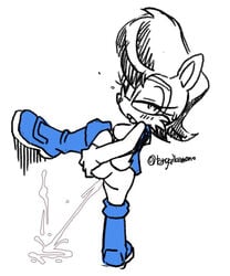 anthro archie_comics ass blush bodily_fluids boots clothing female footwear genital_fluids genitals mammal peeing public public_exposure public_nudity pussy rodent sally_acorn sciurid sega solo sonic_(series) sonic_the_hedgehog_(archie) sonic_the_hedgehog_(comics) spread_butt spread_pussy spreading tengaikemono topwear urine vest