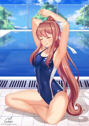 1girls armpits arms_above_head arms_behind_head arms_up artist_name artist_signature bare_arms bare_legs bare_shoulders bare_thighs blue_swimsuit blush blushing brown_hair calm chungmechanic closed_eyes competition_swimsuit covered_breasts crossed_legs doki_doki_literature_club eyes_closed female female_only full_body hair_ribbon happy human human_only legs_crossed light-skinned_female light_skin long_hair medium_breasts monika_(doki_doki_literature_club) one-piece_swimsuit peaceful ponytail pool poolside pov relaxed relaxing ribbon ribbon_in_hair school_swimsuit sidelocks sitting sitting_down sitting_on_floor smile smiling solo solo_female stretch stretching swimming_pool swimsuit thick_thighs thighs water white_ribbon wholesome