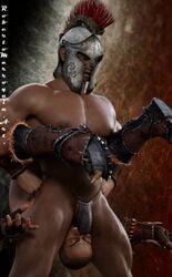 big_pecs bulge bulge_in_face domination hands_on_hips head_between_thighs helmet knight maledom muscular_male pecs pleasure_face roberto_marroquin slave submissive thong warrior