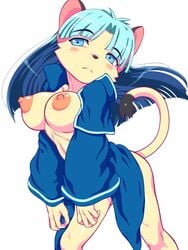 2014 anthro ass bandai_namco big_breasts blue_eyes blue_hair bottomless breasts clothed clothing coat coat_only cyberconnect2 dipstick_tail domestic_cat eyebrow_through_hair eyebrows felid feline felineko felis female frown fur hair hime_cut isakitomozou kemono large_breasts leaning leaning_forward little_tail_bronx looking_aside mammal multicolored_tail naked_coat nipples open_clothing open_coat open_topwear presenting presenting_breasts raised_tail simple_background solo stare_pris tail_concerto tan_body tan_fur topwear topwear_only translucent translucent_hair video_games white_background wide_sleeves