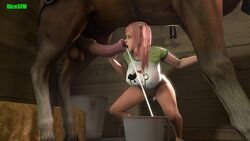 3d animated barn bestiality big_breasts big_penis cum cum_dripping_from_penis dead_or_alive dicesfm equine equine_penis gif honoka_(doa) horse horse_penis horsecock legs_apart licking pantless pink_hair tongue_out vicesfm zoophilia