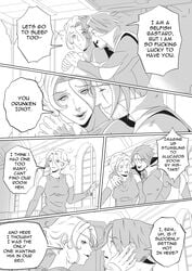 canon_couple castlevania castlevania_(netflix) comic_page confident dialogue drunk english_text eye_contact facial_hair love monochrome playful purpledngnoodle romantic_couple scar_across_eye scars short_hair smile straight sypha_belnades trevor_belmont wholesome