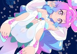 absurdres anus blue_hair blue_nails clothing cure_la_mer dutch_angle female gradient_hair hair_intakes head_tilt highres hrgm laura_(precure) laura_la_mer looking_at_viewer magical_girl multicolored_hair navel pantyhose pink_hair pink_nails precure pretty_cure pussy see-through see-through_clothing small_breasts smile solo toeless_legwear tropical-rouge!_precure