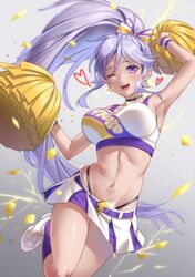 1girls ;d absurdres alternate_costume armpits belly breasts cheerleader choker commission earrings electricity female fire_emblem fire_emblem:_genealogy_of_the_holy_war fire_emblem_heroes hair_ornament heart highres holding iria_(yumeirokingyo) ishtar_(fire_emblem) jewelry jumping long_hair looking_at_viewer midriff nintendo one_eye_closed open_mouth pom_pom_(cheerleading) ponytail purple_eyes purple_hair simple_background skirt smile solo very_long_hair