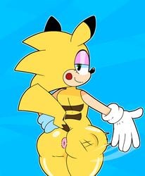 anthro big_butt blue_background chris_chan crossover fan_character horaco nintendo pikachu pokémon_(species) pokemon sega slap slap_mark slapping_butt slapping_self sonic_(series) sonic_the_hedgehog_(series) sonichu_(character) thehoraco yellow_body