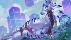 1futa alanscampos animal_humanoid anthro canine canine_penis digimon digimon_(species) furry futanari looking_at_viewer lying lying_on_side presenting_anus presenting_hindquarters pussy weregarurumon werewolf