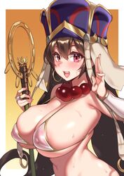 1girls areola_slip areolae bangs bare_shoulders beads bikini blush breasts bridal_gauntlets brown_hair cleavage earrings fate/grand_order fate_(series) female fuya_(tempupupu) huge_breasts jewelry long_hair looking_at_viewer navel open_mouth red_eyes see-through smile solo staff swimsuit upper_body xuanzang_(fate)