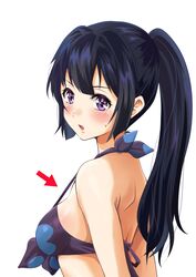 back bikini bikini_top black_hair blush breasts directional_arrow female formal hibike!_euphonium high_resolution kousaka_reina kurumiyasan_ns looking_at_viewer open_mouth ponytail purple_eyes sideboob solo strap_gap suit swimsuit tagme tied_hair very_high_resolution