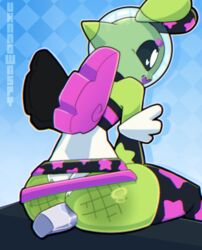 ahe_gao alien ambiguous_gender anal anus bare_shoulders black_eyes black_sclera checkered_background cosplay edit green_body green_skin heart_eyes humanoid partially_clothed ripped_clothing sitting spank_marks spanked sploot_(unknownspy) tagme unknownspy unknownspy_(artist) wings