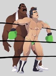 2boys abs age_difference anal_penetration anal_sex black_hair body_hair boxing_gloves boxing_ring dark-skinned_male doc_louis erect_nipples fabssdaf flaccid_while_penetrated gay green_eyes holding_head large_penis little_mac male_only muscular_male mustache nintendo nipples nude_male one_eye_closed open_mouth partially_retracted_foreskin pecs precum_drip punch_out saliva shoes thong thong_aside towel_around_neck uncut veiny_penis yaoi