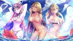 3girls beach big_breasts bikini blue_eyes blush bra breasts brown_hair cimrai dark-skinned_female dark_skin female_focus female_only halo_sweety high_resolution lipstick long_hair looking_at_viewer multiple_girls purple_skin smile swimsuit swimsuits trinity_infinity twintails twitch virtual_youtuber water