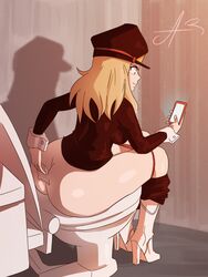 1girls artist_request ass big_ass blonde_hair boots camie_utsushimi female female_only hero_outfit_(mha) high_heel_boots long_hair my_hero_academia panties_down phone shiketsu_high_school_cap sitting sitting_on_toilet smile solo toilet toilet_paper toilet_use wiping wrist_cuffs